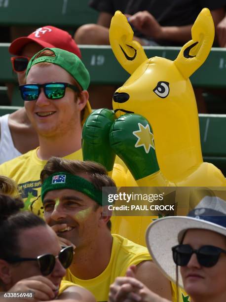 Member of the Fanatics brings the boxing kangaroo to watch Jordan Thompson of Australia beat Jan Satral of the Czech Republic during the Davis Cup...