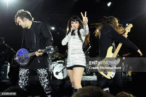 Musicians Neil Perry, Kimberly Perry and Reid Perry of The Band Perry perform onstage during the Taste Of The NFL 'Party With A Purpose' at Houston...