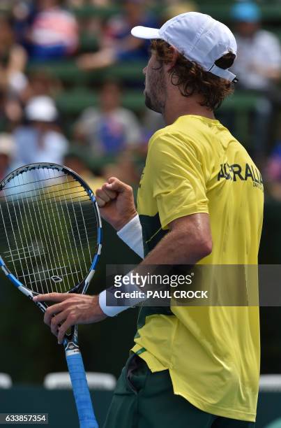 Jordan Thompson of Australia reacts during the fifth rubber against Jan Satral of the Czech Republic during the Davis Cup World Group at Kooyong in...