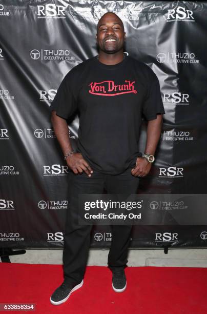 Dat Dude Marcellus Wiley arrives at the Thuzio Executive Club and Rosenhaus Sports Representation Party at Clutch Bar during Super Bowl Weekend, on...