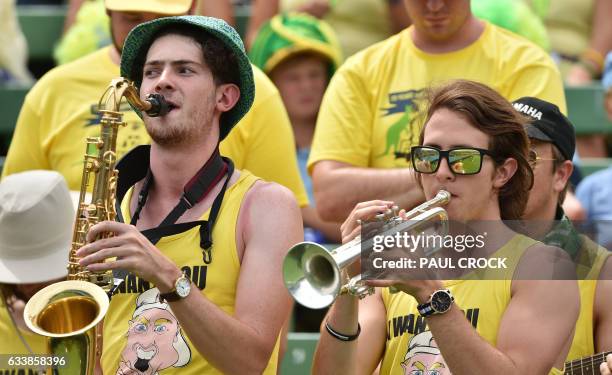 Members of the Fanatics cheer up the crowd as they watch Jordan Thompson of Australia beat Jan Satral of the Czech Republic during the Davis Cup...