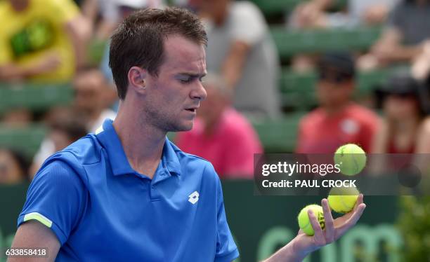 Jan Satral of the Czech Republic prepares to serve against Jordan Thompson of Australia during the Davis Cup World Group at Kooyong in Melbourne on...