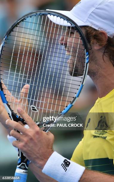 Jordan Thompson of Australia reacts during the fifth rubber against Jan Satral of the Czech Republic during the Davis Cup World Group at Kooyong in...