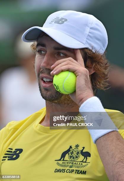 Jordan Thompson of Australia prepares to serve against Jan Satral of the Czech Republic during the Davis Cup World Group at Kooyong in Melbourne on...