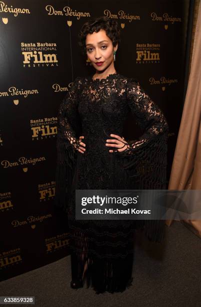 Actress Ruth Negga visits the Dom Perignon Lounge before receiving the Virtuosos Award at The Santa Barbara International Film Festival on February...