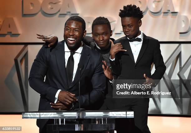 Actors Trevante Rhodes, Ashton Sanders and Alex R. Hibbert onstage during the 69th Annual Directors Guild of America Awards at The Beverly Hilton...