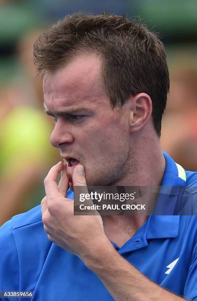 Jan Satral of the Czech Republic reacts during the fifth rubber against Jordan Thompson of Australia during the Davis Cup World Group at Kooyong in...