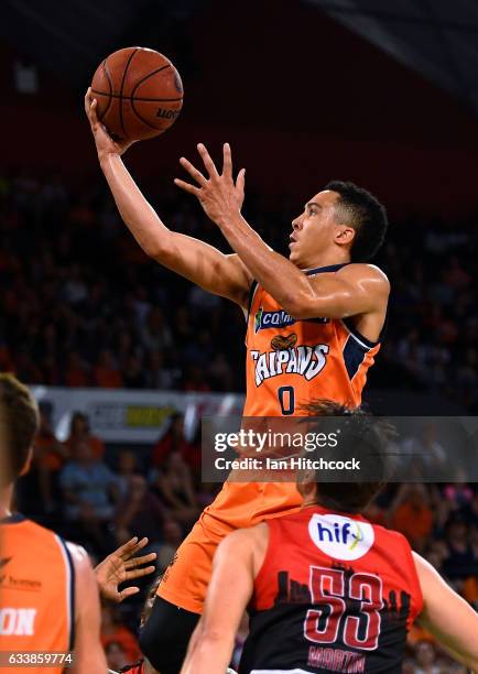 Travis Trice of the Taipans takes a jump shot over Damian Martin of the Wildcats during the round 18 NBL match between the Cairns Taipans and the...