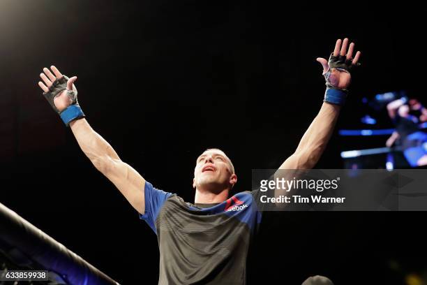 James Vick celebrates after defeating Abel Trujillo in the third round of their lightweight bout during the UFC Fight Night event at the Toyota...