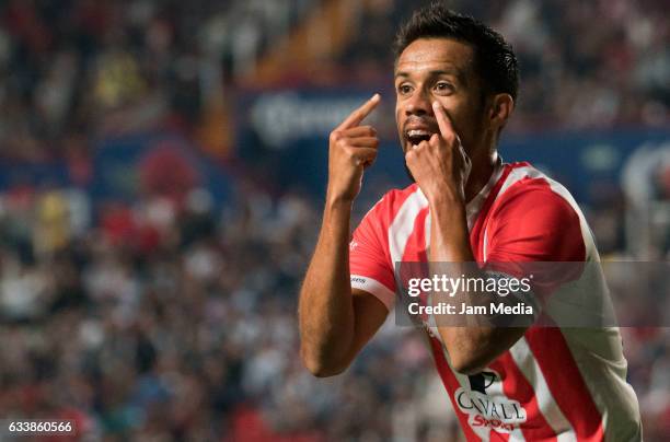 Severo Meza of Necaza gestures during the 5th round match between Necaxa and Monterrey as part of the Clausura 2017 Liga MX at Victoria Stadium on...