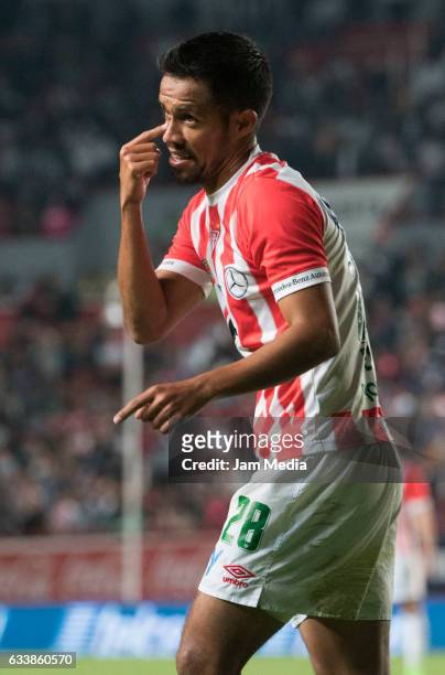 Severo Meza of Necaza gestures during the 5th round match between Necaxa and Monterrey as part of the Clausura 2017 Liga MX at Victoria Stadium on...