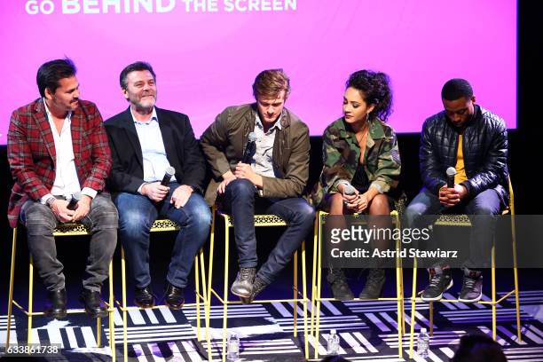 Executive Producer Peter Lenkov, Co EP Jeff Downer, Actor Lucas Till, Actress Tristin Mays, and Actor Justin Hires speak at a Q&A for 'MacGyver' on...