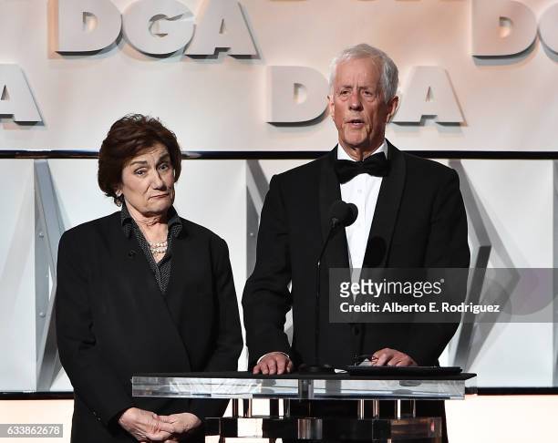 Director Martha Coolidge and DGA Secretary-Treasurer Michael Apted speak onstage during the 69th Annual Directors Guild of America Awards at The...