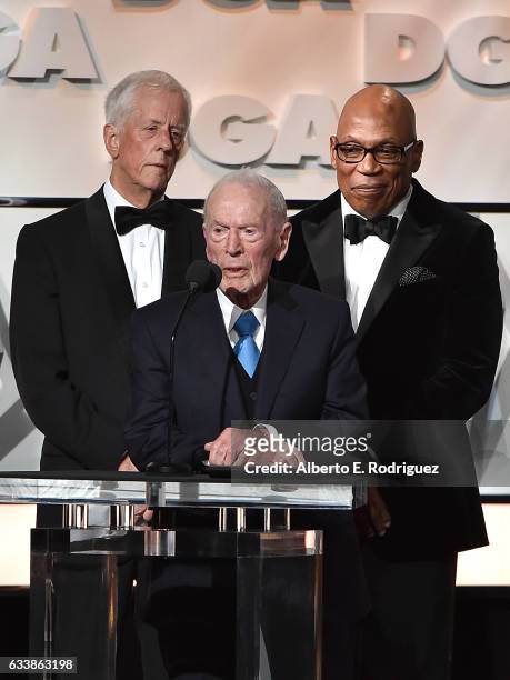 Secretary-Treasurer Michael Apted, actor Gene Reynolds and DGA President Paris Barclay speak onstage during the 69th Annual Directors Guild of...