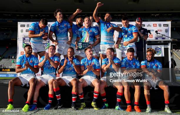 The Sydney Roosters celebrate winning the 2017 Auckland Nines final between The Sydney Roosters and Penrith Panthers at Eden Park on February 5, 2017...