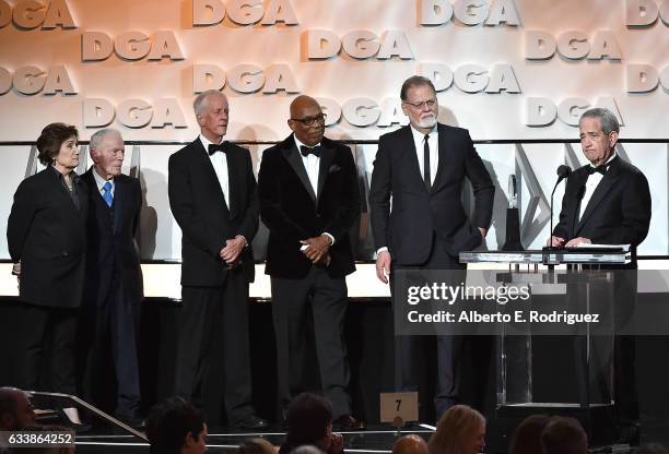 Director Martha Coolidge, actor Gene Reynolds, DGA Secretary-Treasurer Michael Apted, DGA President Paris Barclay, and director Taylor Hackford...