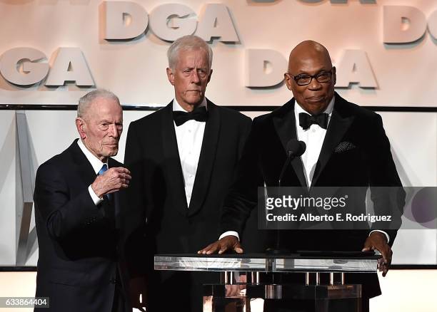 Actor Gene Reynolds, DGA Secretary-Treasurer Michael Apted and DGA President Paris Barclay speak onstage during the 69th Annual Directors Guild of...