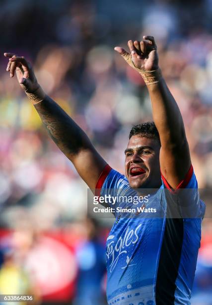 Latrell Mitchell of the Roosters celebrates winning the 2017 Auckland Nines final between The Sydney Roosters and Penrith Panthers at Eden Park on...