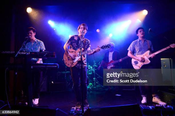 Musicians Taylor Inouye, Shannon Inouye, Colin Fahrner, Garret Lang and Sean Thomas of the band Emerson Star perform onstage at The Echo on February...