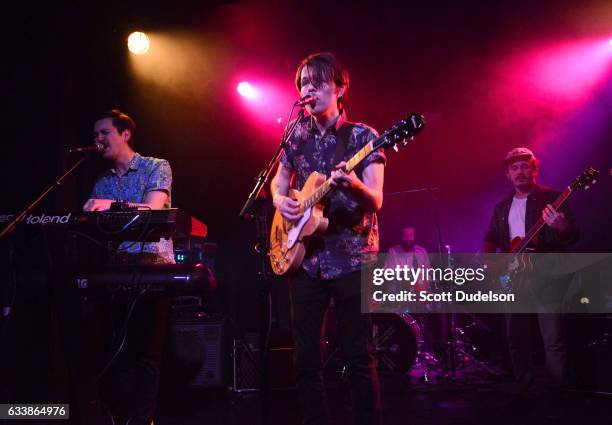 Musicians Taylor Inouye, Shannon Inouye, Colin Fahrner and Garret Lang of the band Emerson Star perform onstage at The Echo on February 4, 2017 in...