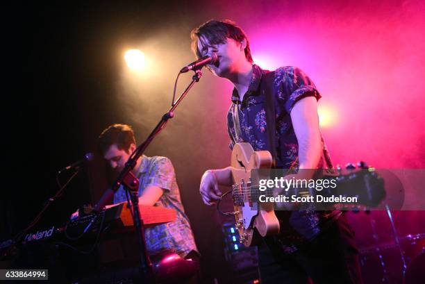 Musicians Taylor Inouye and Shannon Inouye of the band Emerson Star perform onstage at The Echo on February 4, 2017 in Los Angeles, California.