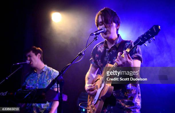 Musicians Taylor Inouye and Shannon Inouye of the band Emerson Star perform onstage at The Echo on February 4, 2017 in Los Angeles, California.