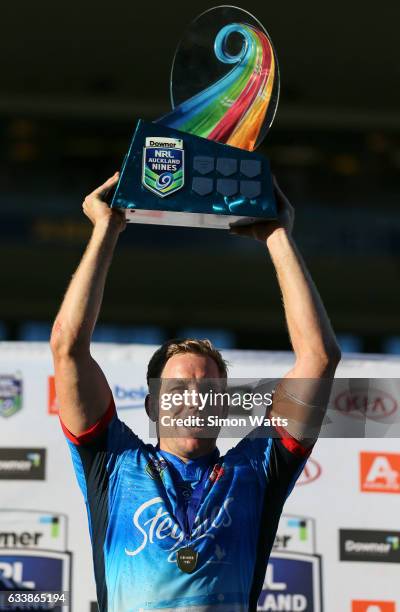 Mitchell Aubusson of the Roosters celebrates winning the 2017 Auckland Nines final between The Sydney Roosters and Penrith Panthers at Eden Park on...