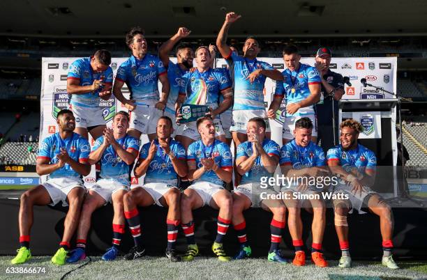 The Sydney Roosters celebrate winning the 2017 Auckland Nines final between The Sydney Roosters and Penrith Panthers at Eden Park on February 5, 2017...