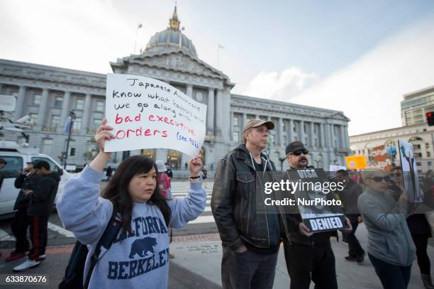 Protesters of President Donald Trump's Muslim travel ban gather at San Francisco City Hall for a peaceful demonstration on Feb. 4, 2017