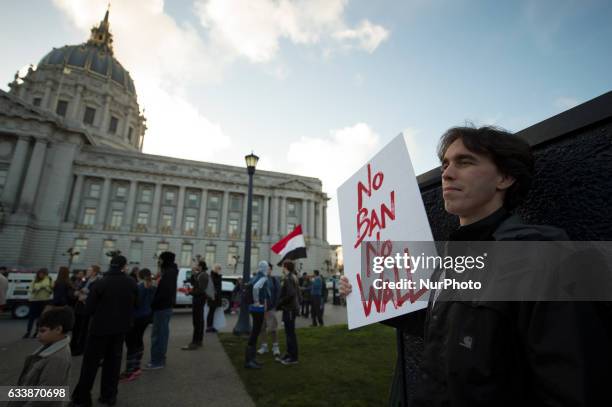 Protesters of President Donald Trump's Muslim travel ban gather at San Francisco City Hall for a peaceful demonstration on Feb. 4, 2017