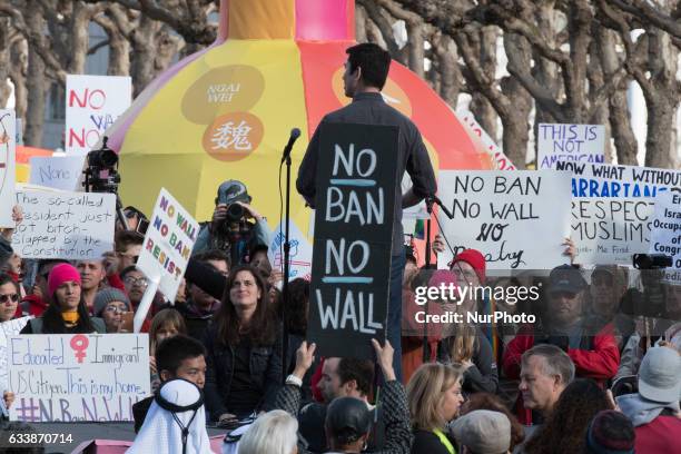 Protesters of President Donald Trump's Muslim travel ban gather at San Francisco City Hall for a peaceful demonstration on Feb. 4, 2017