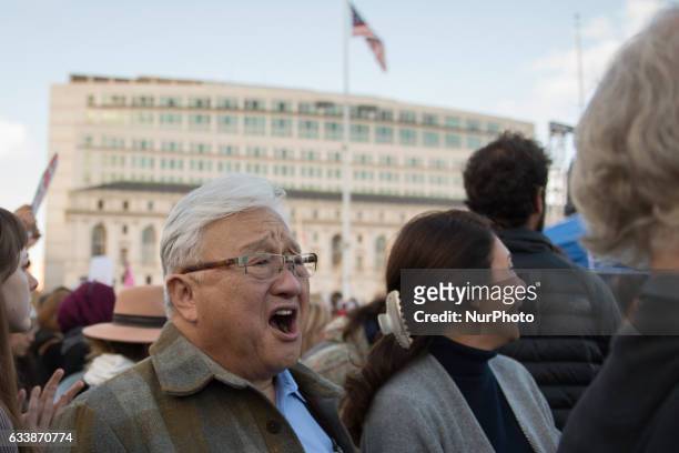 Former California congressman Mike Honda joins protesters of President Donald Trump's Muslim travel ban at San Francisco City Hall during a peaceful...