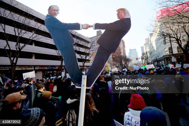 Protestors march on Market St. In Philadelphia, PA, on February 4th, 2017. In protest of the Donald Trump Presidency an estimated 5.000 participate...