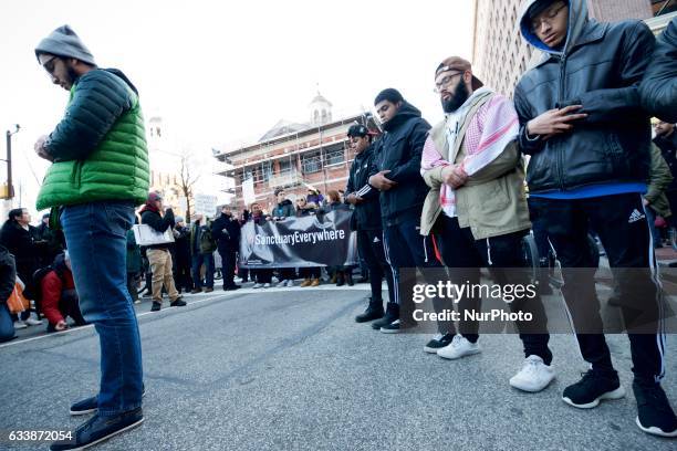 During the March for Humanity a group of Muslims stop for prayer outside Independence Hall, in Philadelphia, PA, on February 4th, 2017. Earlier that...