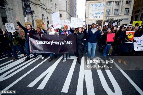 An estimated 5.000 protest the Donald Trump Presidency during the March for Humanity, in Philadelphia, PA, on February 4th, 2017.