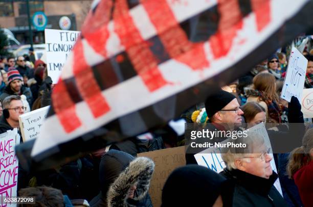 Protestors march on Market St. In Philadelphia, PA, on February 4th, 2017. In protest of the Donald Trump Presidency an estimated 5.000 participate...