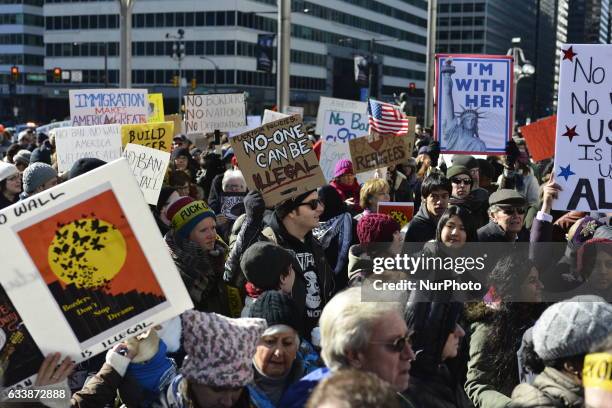 An estimated 5.000 gather at Thomas Paine Plaza in Center City Philadelphia, PA ahead of a March for Humanity, on February 4th, 2017.