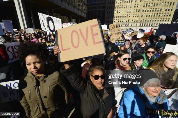 An estimated 5.000 gather at Thomas Paine Plaza in Center City Philadelphia, PA ahead of a March for Humanity, on February 4th, 2017.