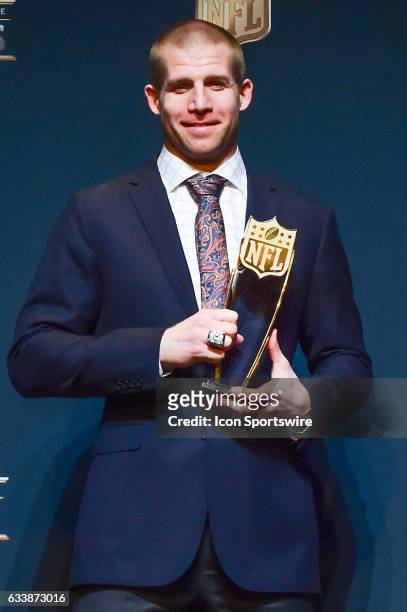 Green Bay Packers wide receiver Jordy Nelson holds the trophy for Comeback Player of the Year presented during the NFL Honors Red Carpet on February...
