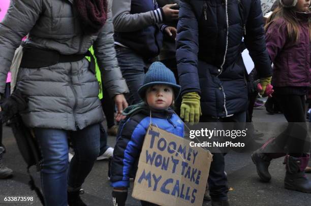 Months old Luke van Orden, with parents Melinda and James van Orden, of Philadelphia, PA, participate in peaceful and family friendly protest during...