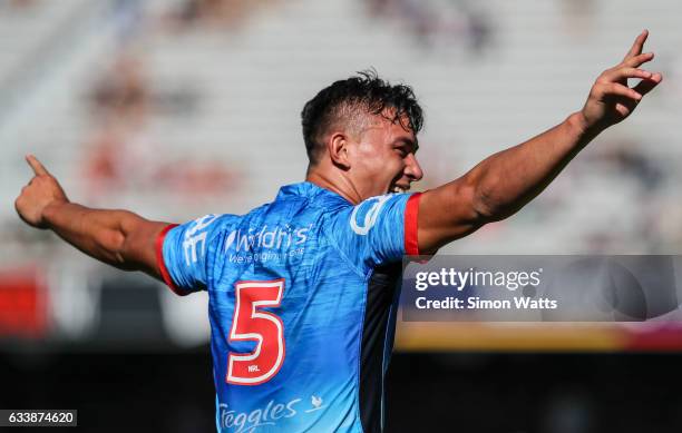 Joseph Manu celebrates during the 2017 Auckland Nines semi final match between the Sydney Roosters and the Manly Sea Eagles at Eden Park on February...