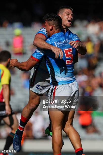 Paul Carter of the Roosters celebrates during the 2017 Auckland Nines semi final match between the Sydney Roosters and the Manly Sea Eagles at Eden...