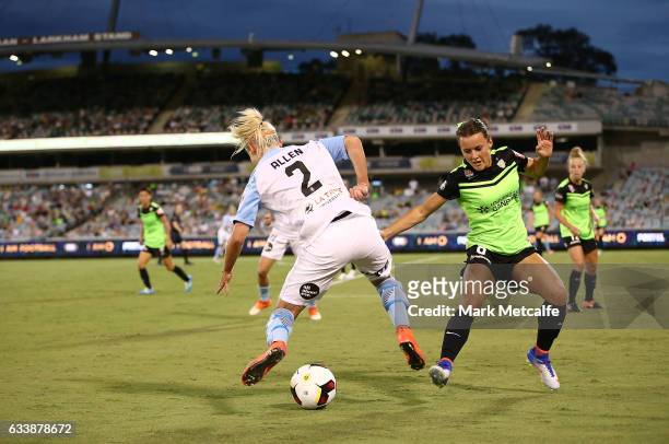 Teigen Allen of Melbourne City takes on Hayley Raso of Canberra during the W-League Semi Final match between Canberra United and Melbourne City FC at...