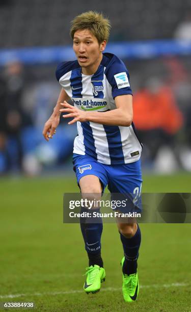 Genki Haraguchi of Berlin in action during the Bundesliga match between Hertha BSC and FC Ingolstadt 04 at Olympiastadion on February 4, 2017 in...