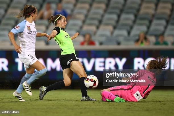 Ashleigh Sykes of Canberra shoots during the W-League Semi Final match between Canberra United and Melbourne City FC at GIO Stadium on February 5,...