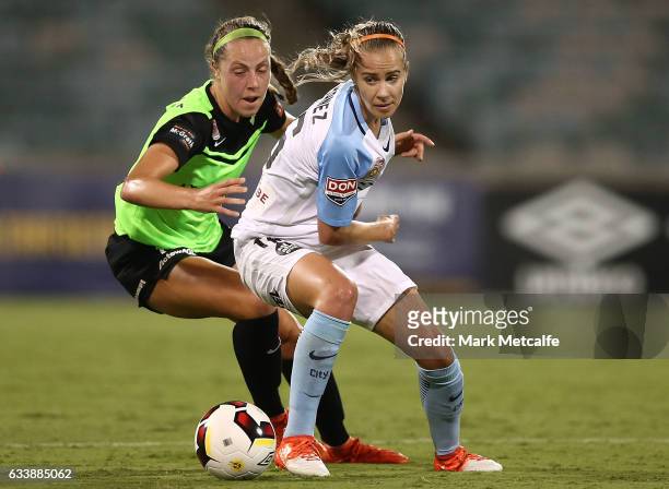 Beverly Yanez of Melbourne City controls the ball during the W-League Semi Final match between Canberra United and Melbourne City FC at GIO Stadium...