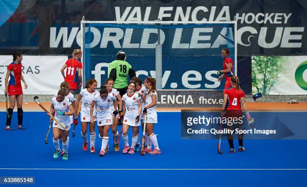 Maria Lopez of Spain celebrates with her teammates after scoring a goal during the match between Spain and Russia during day one of the Hockey World...
