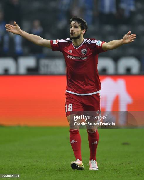 Romain Bregerie of Ingolstadt reacts during the Bundesliga match between Hertha BSC and FC Ingolstadt 04 at Olympiastadion on February 4, 2017 in...