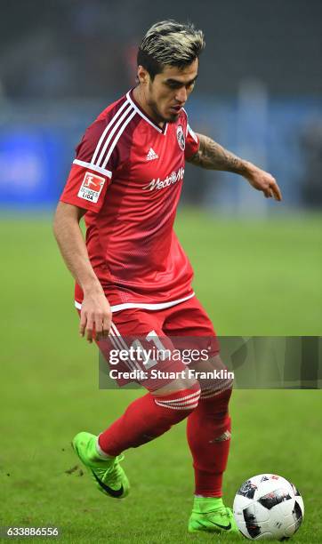 Dario Lezcano of Ingolstadt in action during the Bundesliga match between Hertha BSC and FC Ingolstadt 04 at Olympiastadion on February 4, 2017 in...