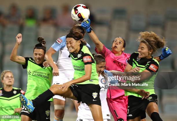 Lydia Williams of Melbourne City punches a cross clear during the W-League Semi Final match between Canberra United and Melbourne City FC at GIO...